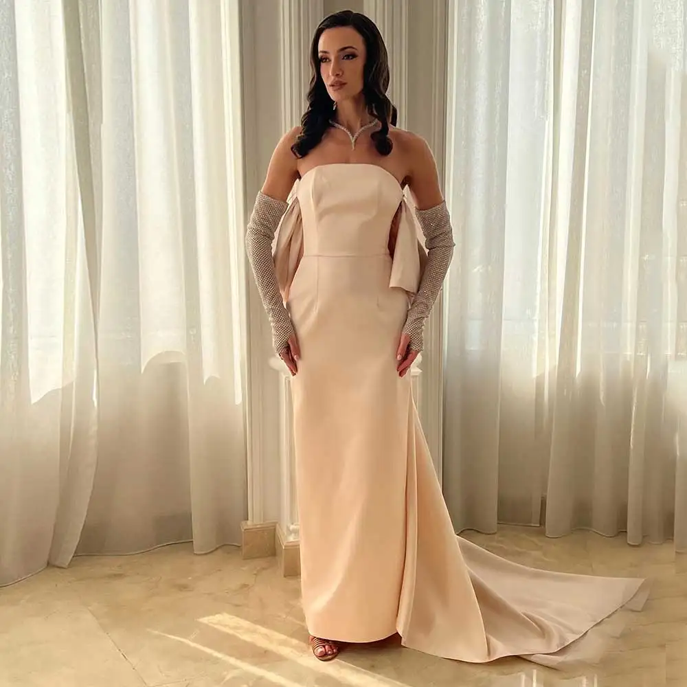 

Temperament Satin Sheath Strapless Prom Gown Ruffled Backless Dubai Women Formal Occasion Evening Dress Sleeveless فساتين السهرة