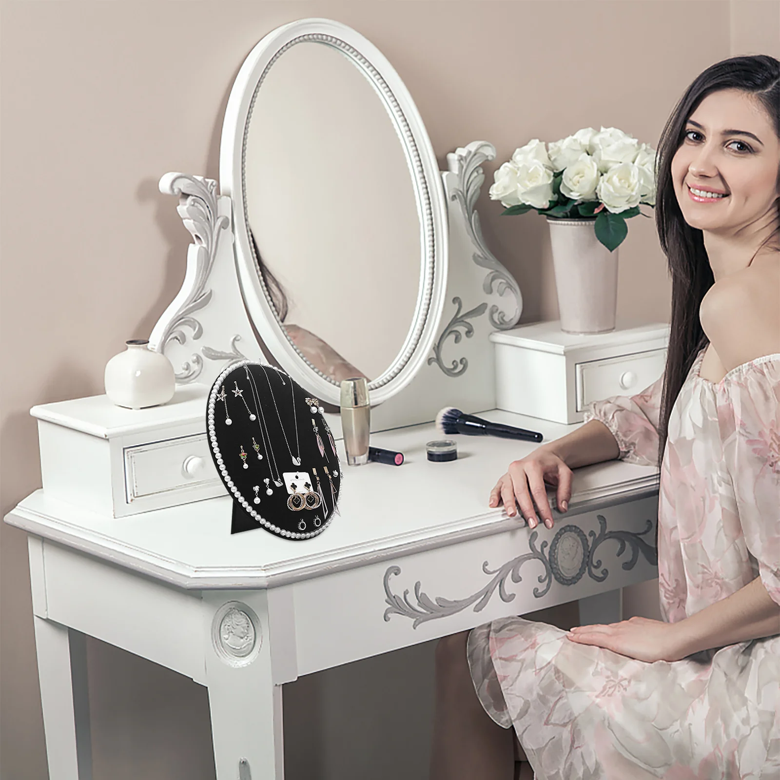 

Earring Stand Jewelry Organizer Oval Shaped Lint Panel Elegant Desktop Earring Display Holder Storage Rack Display Stands