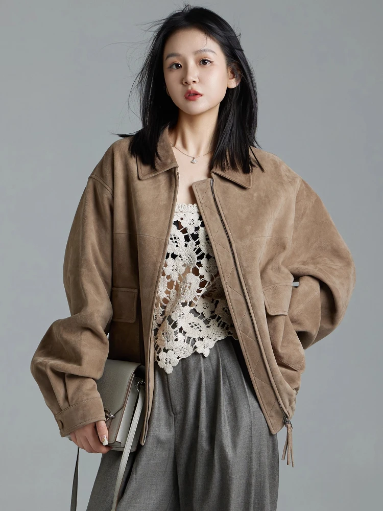 Vestes Vintage en daim et cuir véritable pour femmes, nouveau manteau haut de gamme, Simple, solide, ample, décontracté, en peau de mouton véritable, automne hiver 2025