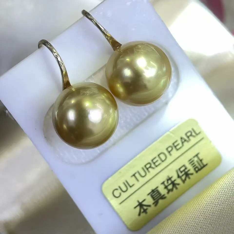 

10-11mm Saltwater South Sea Golden Pearl Stud Earrings, 14/18K Gold Deep Golden Color, Classic Versatile Elegant Pearl Jewelry