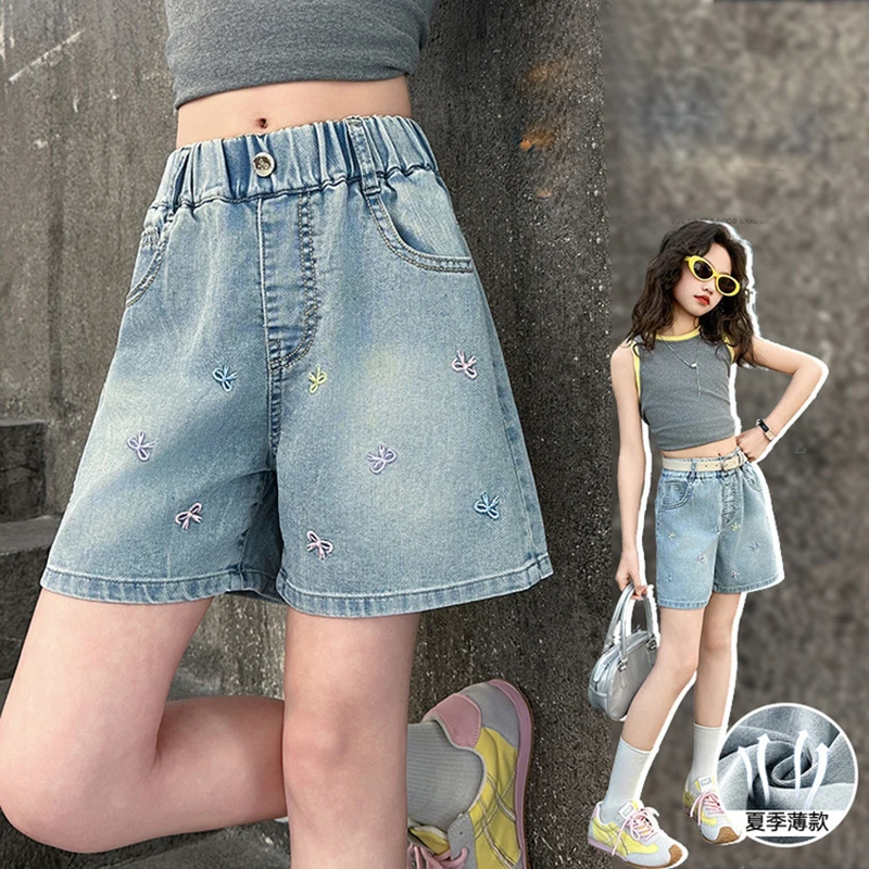 

2026 Summer Teen Girls Bow Embroidery Denim Shorts Elastic High Waist Casual Jean Shorts Kids Sweet Loose Wide Leg Short Pants