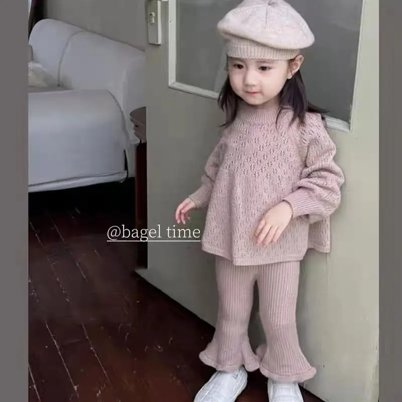 Korean Children's Clothing 2025 Girls Knitted Set Fashion Hollow Embroidery Long Sleeved Sweater Lace Flared Pants 2pcs