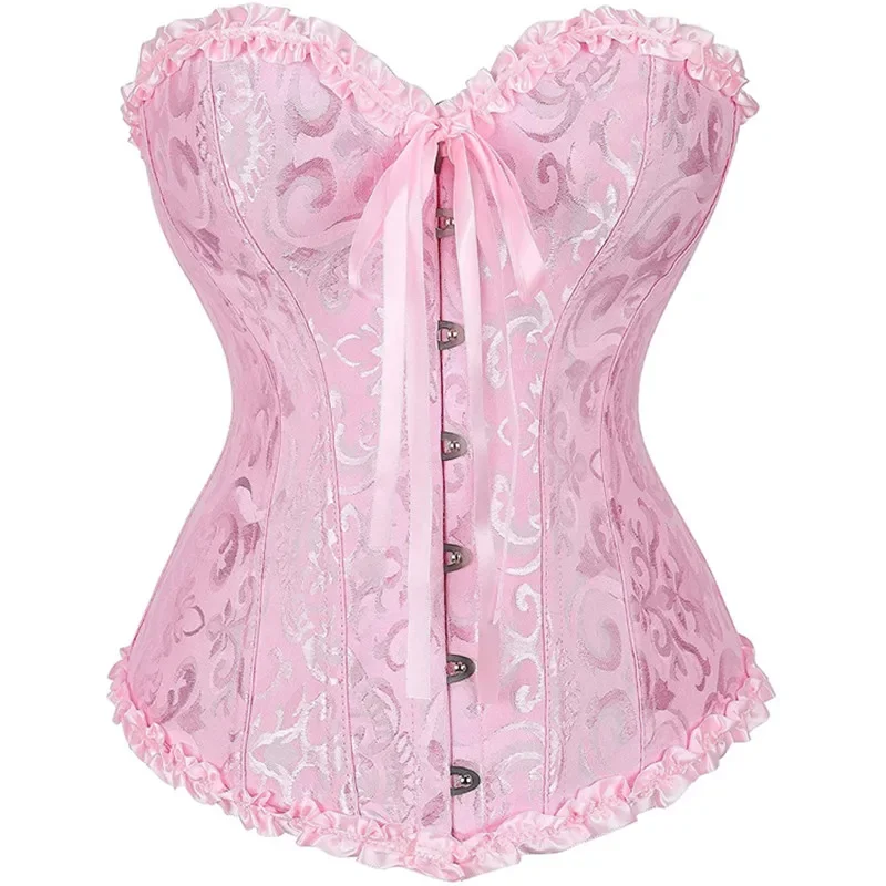 Women's Lace Cover Overbust Corset Vintage Floral Jacquard Lace Up Boned Lingerie Body Shaper Bustier Plus Size