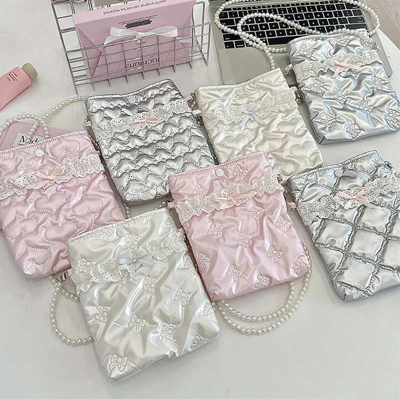 

Space Cotton Pearls Chain Crossbody Bag Love Heart Bow Bright PU Phone Bag INS Solid Color Shoulder Bag Office Worker