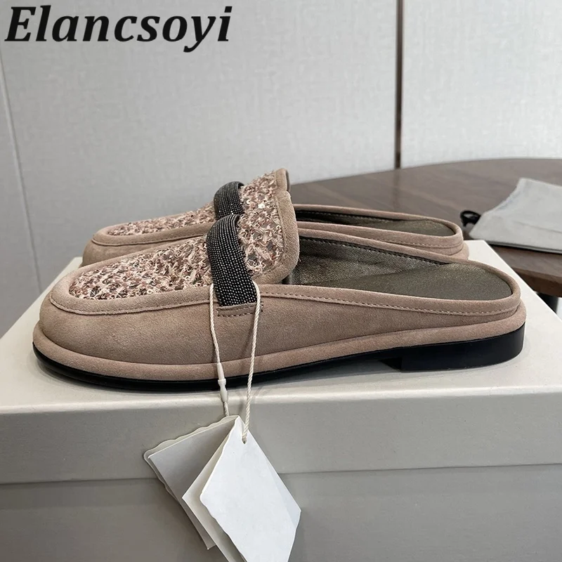 Mules String Bead Sequin Decoe Weaving Design Slippers Women's Autumn Winter Cow Suede Closed Toe Flat Bottom Half Slipper