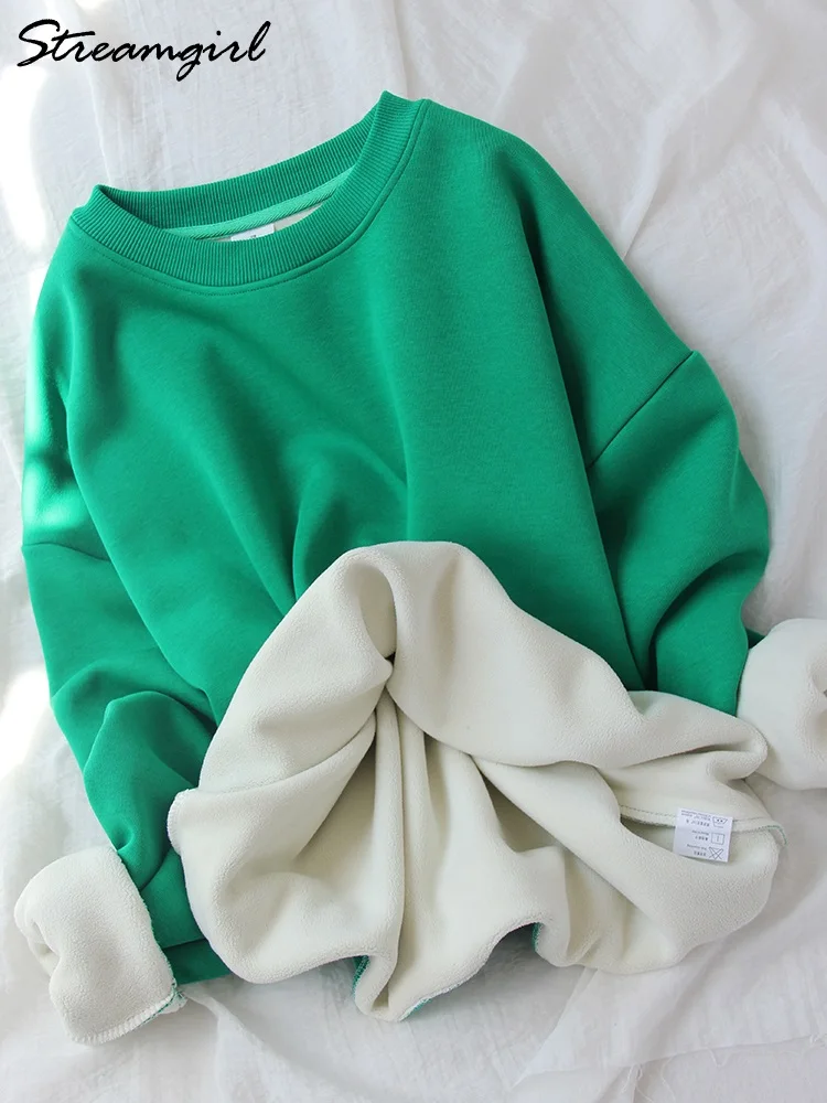 Streamgirl Winter Fleece Sweatshirt Women Oversize Green Tops Loose Thick Velvet Warm Sweatshirts Women Thick Fleece Pullover