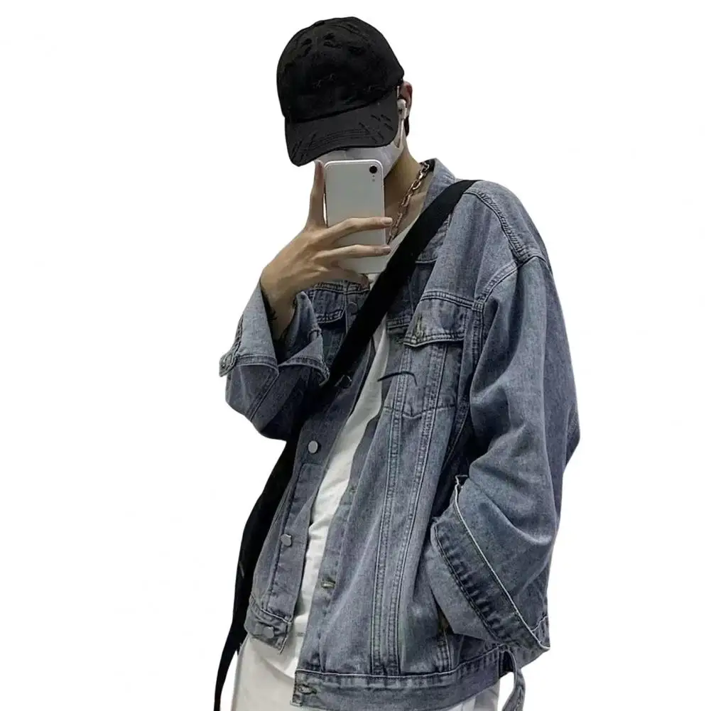 

Sports Style Jacket Men's Denim Cargo Coat with Lapel Collar Multi Pockets Single Breasted Design Streetwear