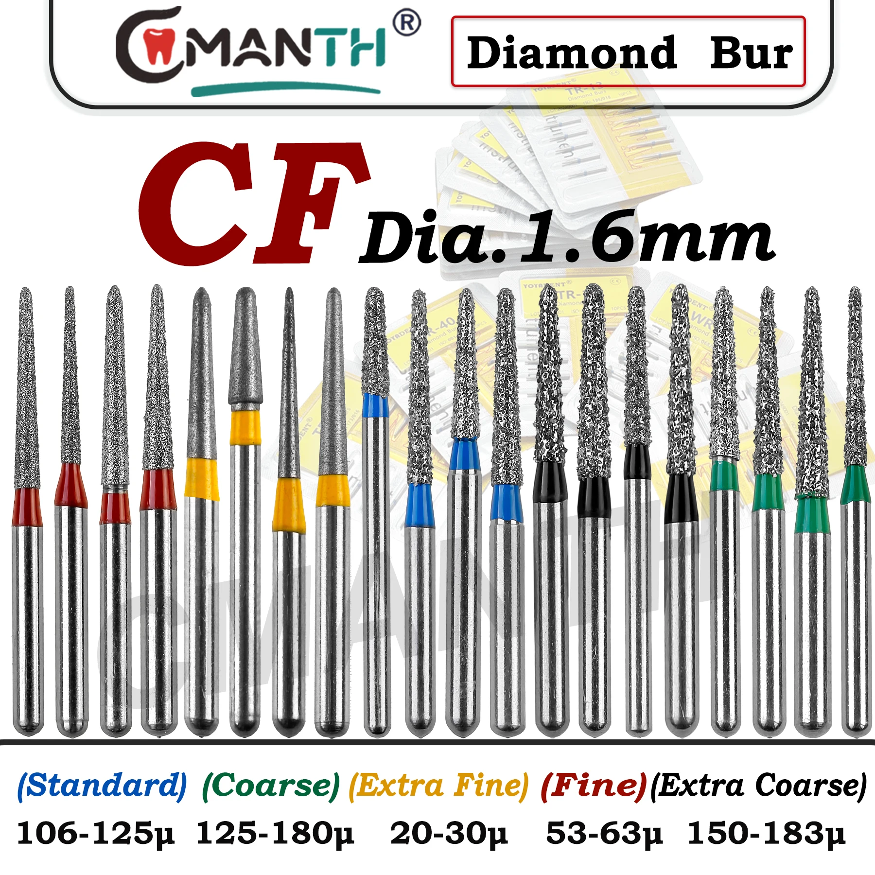 

CF Type Dental Diamond Burs Fine Extra Fine Coarse Extra Coarse Standard Burs For High Speed Handpiece Dia.1.6mm 10Pcs/Pack