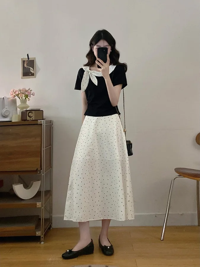 

plus Size Knot Splice Short Sleeve Top Salt System Anti-Aging Slimming Hip Covering Polka Dot Midi Skirt Summer Fas...
