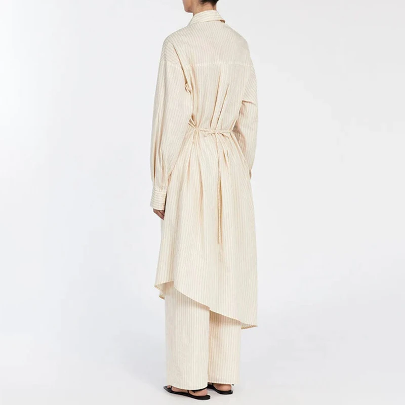 Simple Fashion Striped Print Long Top Outfit Women Sexy Single Breasted Lapel Shirt & Tie-up Pants Sets Autumn Long Sleeve Suits