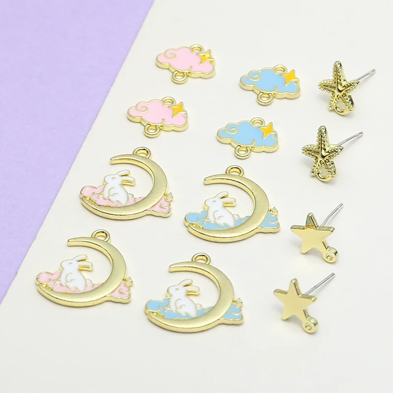 1pcs Alloy Drip Oil Moon Rabbit Cloud Cute Pendant 925 Silver Needle Star Earrings Diy Handmade Keychain Accessories Charms