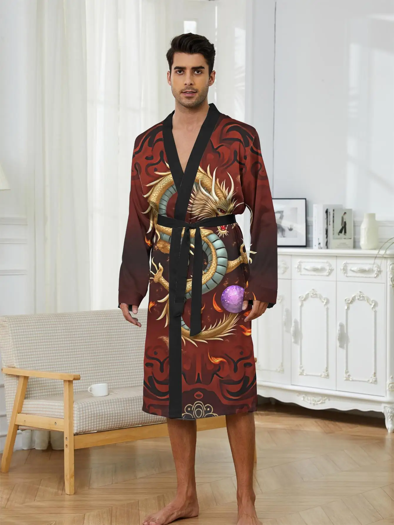 

1pc Men'S Robes 2026 Spring/Summer Long Nightgown Bathrobe 3D Printed Robes Polyester Bathrobe Man Graphic Dressing Gown