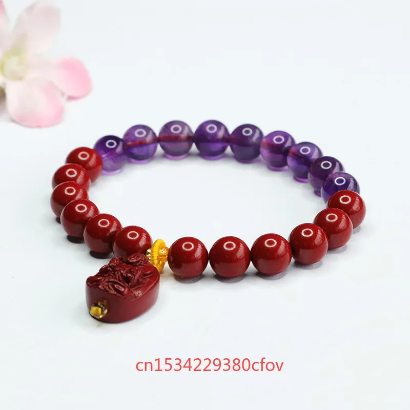 Customized Natural Red Organic Cinnabar Nine Purple Leaving Fire Beads Elastic Bracelet Accessories DIY Bangle Amulet Gift