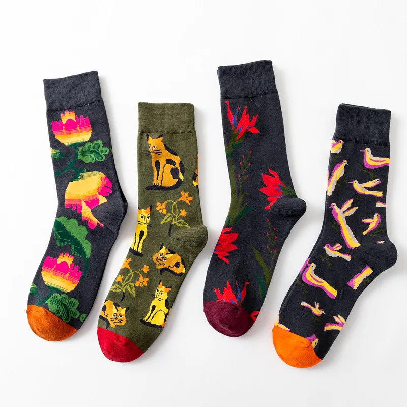 Chaussettes en coton pour femmes, 1 paire, dessin animé, pieuvre fleur plante Kawaii drôle décontracté, bonneterie Streetwear Harajuku d'équipage Sox