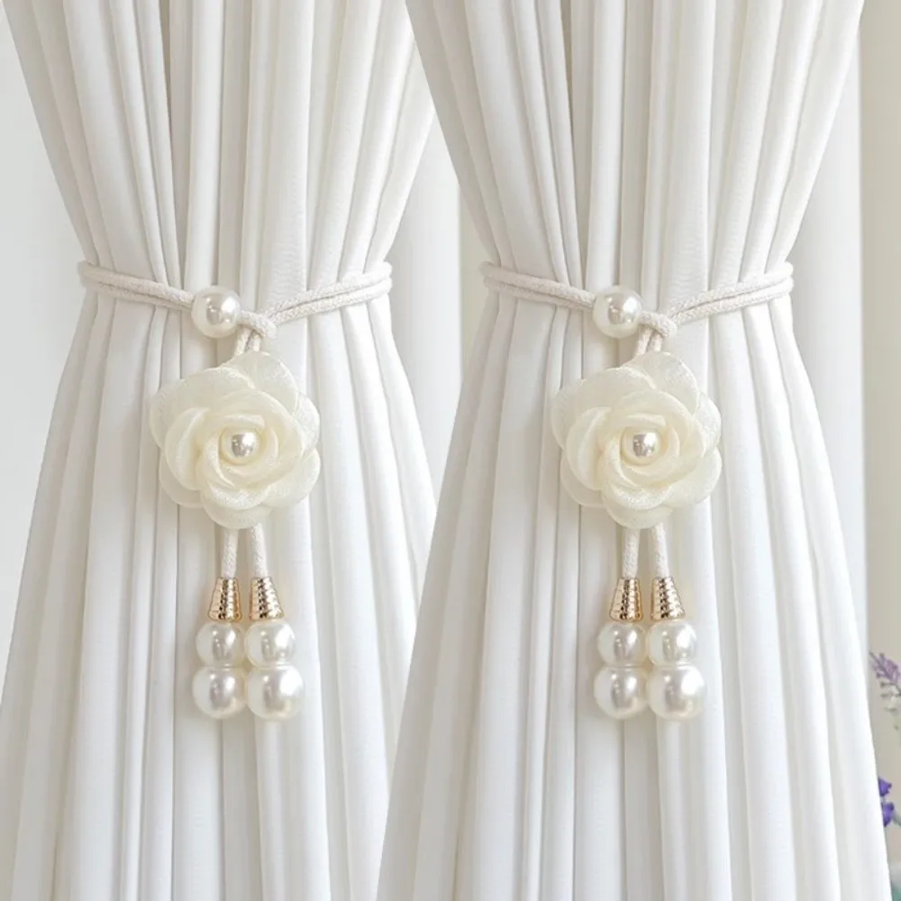 2Pcs Fashion Adjustable Pearl Flower Curtain Tieback Floral Punch-free Curtains Tie Rope Colorful Curtain Strap Home Decoration