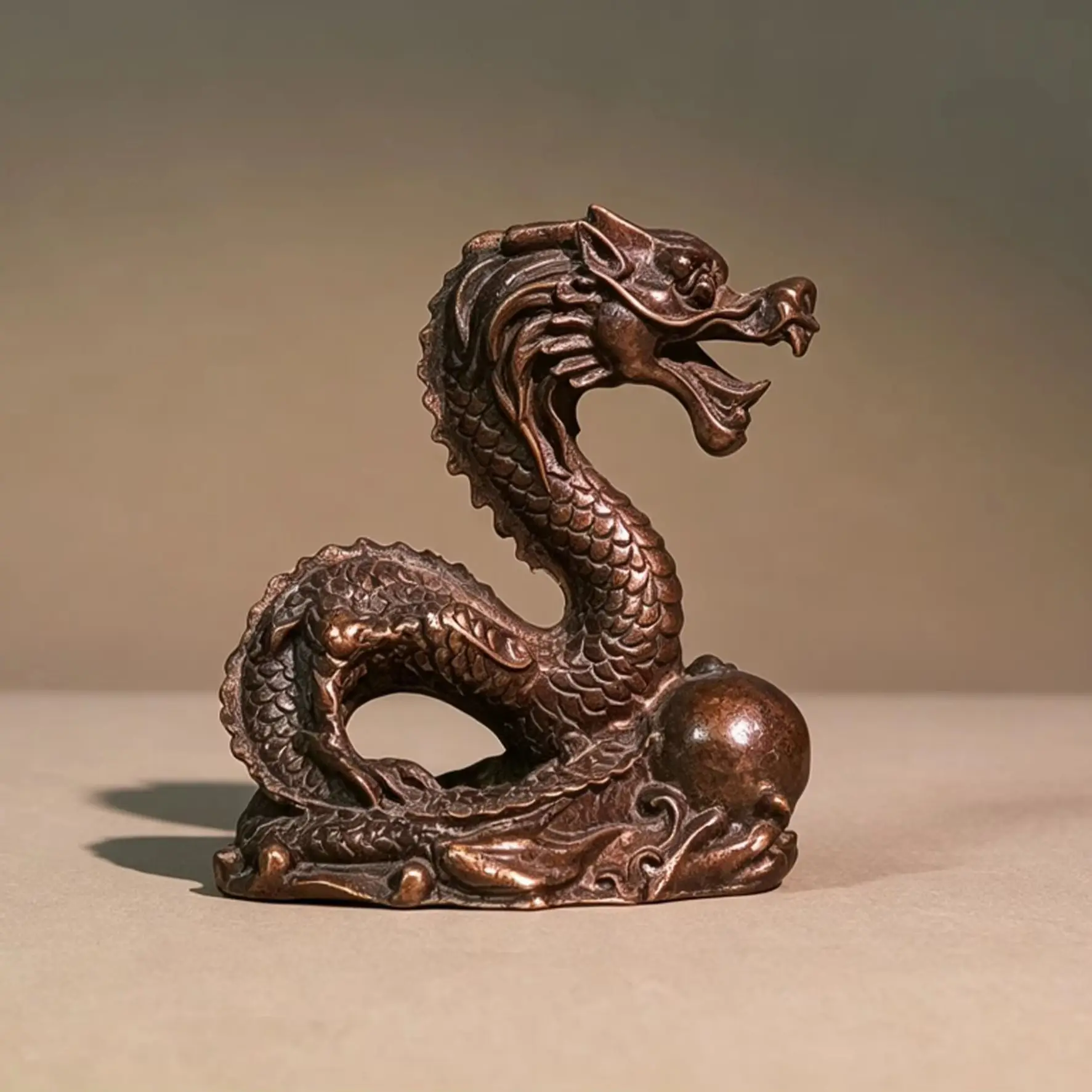 Vintage Pure Copper Chinese Zodiac Dragon Ornament, Desktop Decor for Living Room & Office