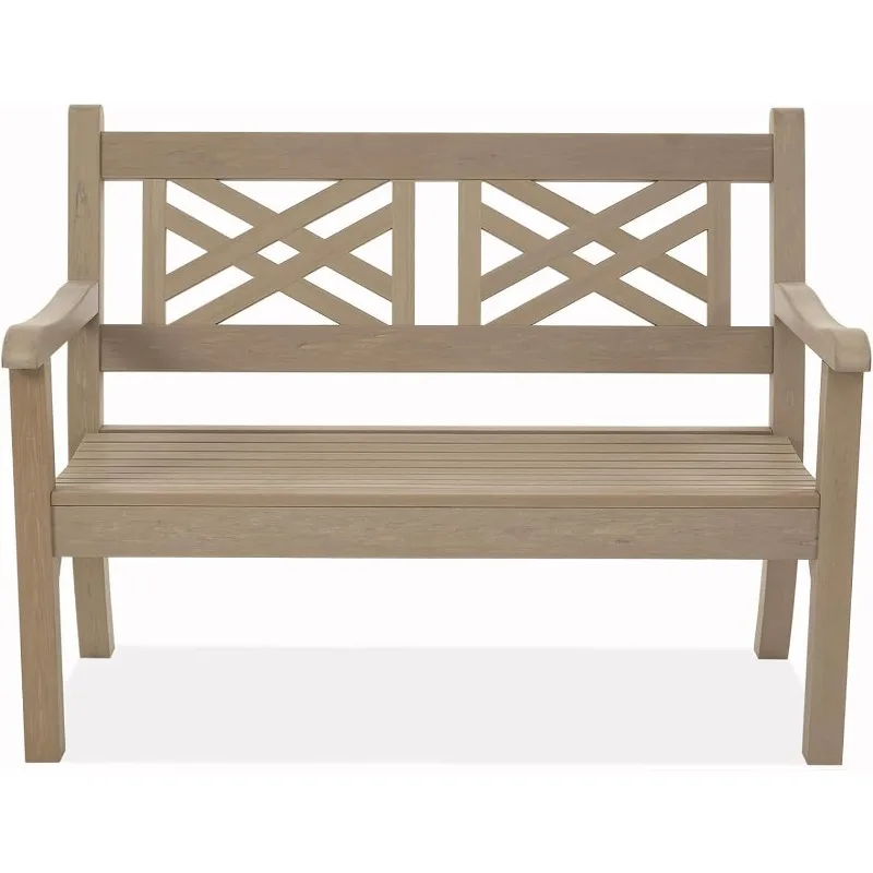 

49''W Outdoor Bench, All-Weather Poly Lumber Garden Bench with Decorative Backrest and Curved Armrests, 2-Person Patio Bench