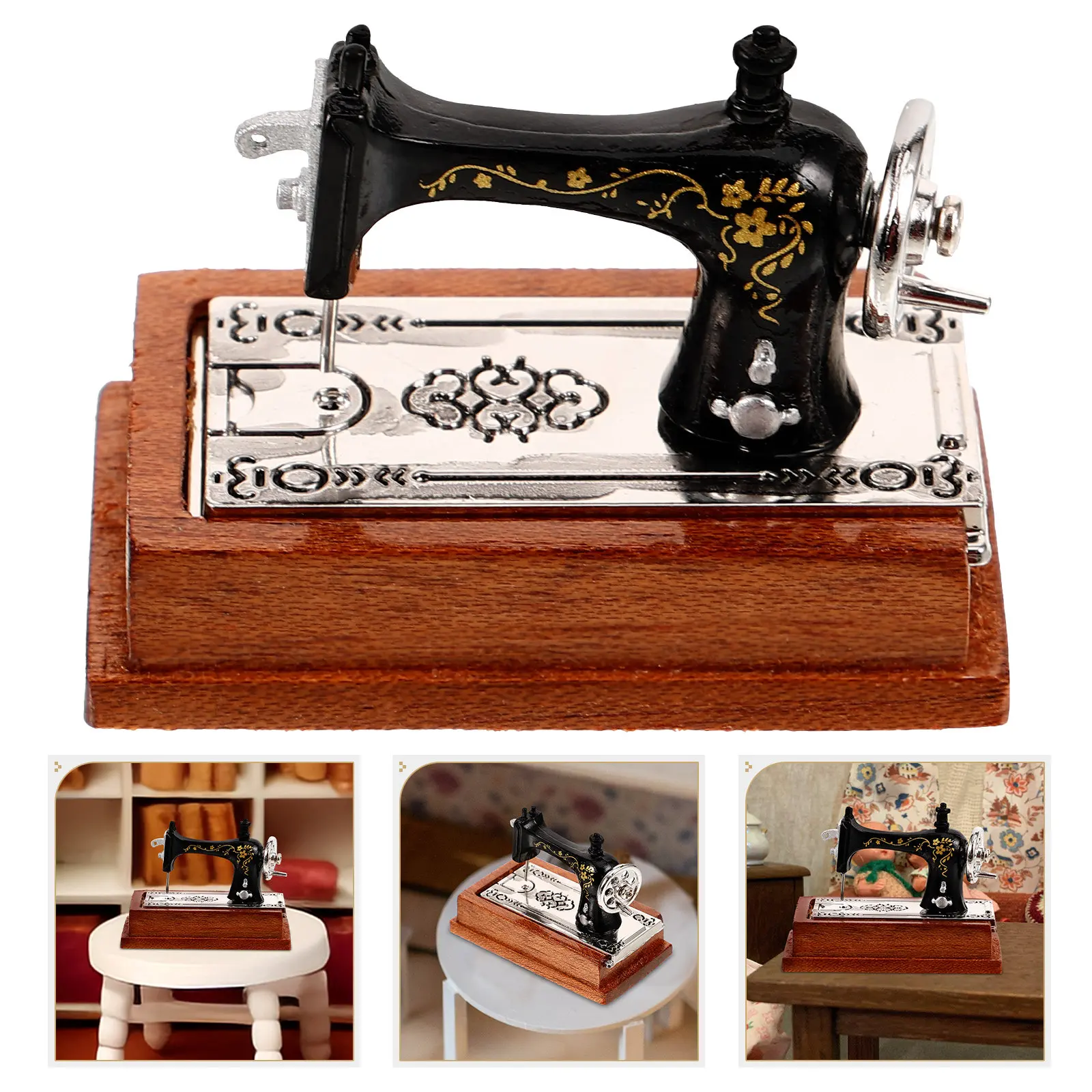 

Миниатюрная швейная машинка в винтажном стиле, реалистичная, для декора миниатюрного дома, маленькое украшение, микромодель