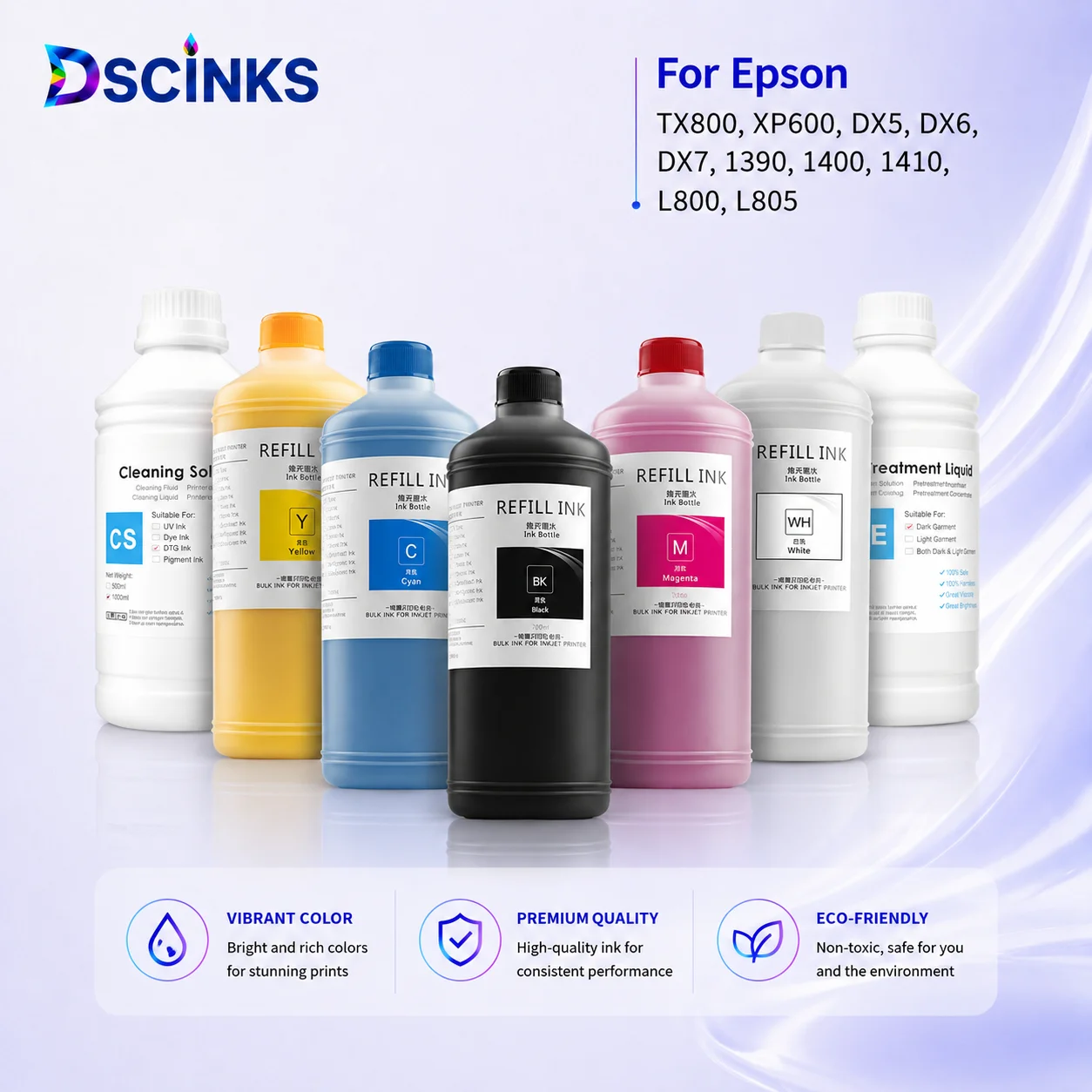 1000ML DTG Textile Pigment Ink For Epson TX800 XP600 DX5 DX6 DX7 1390 1400 1410 L800 L805 F2200 R1900 R2000 F2000 Printing Ink