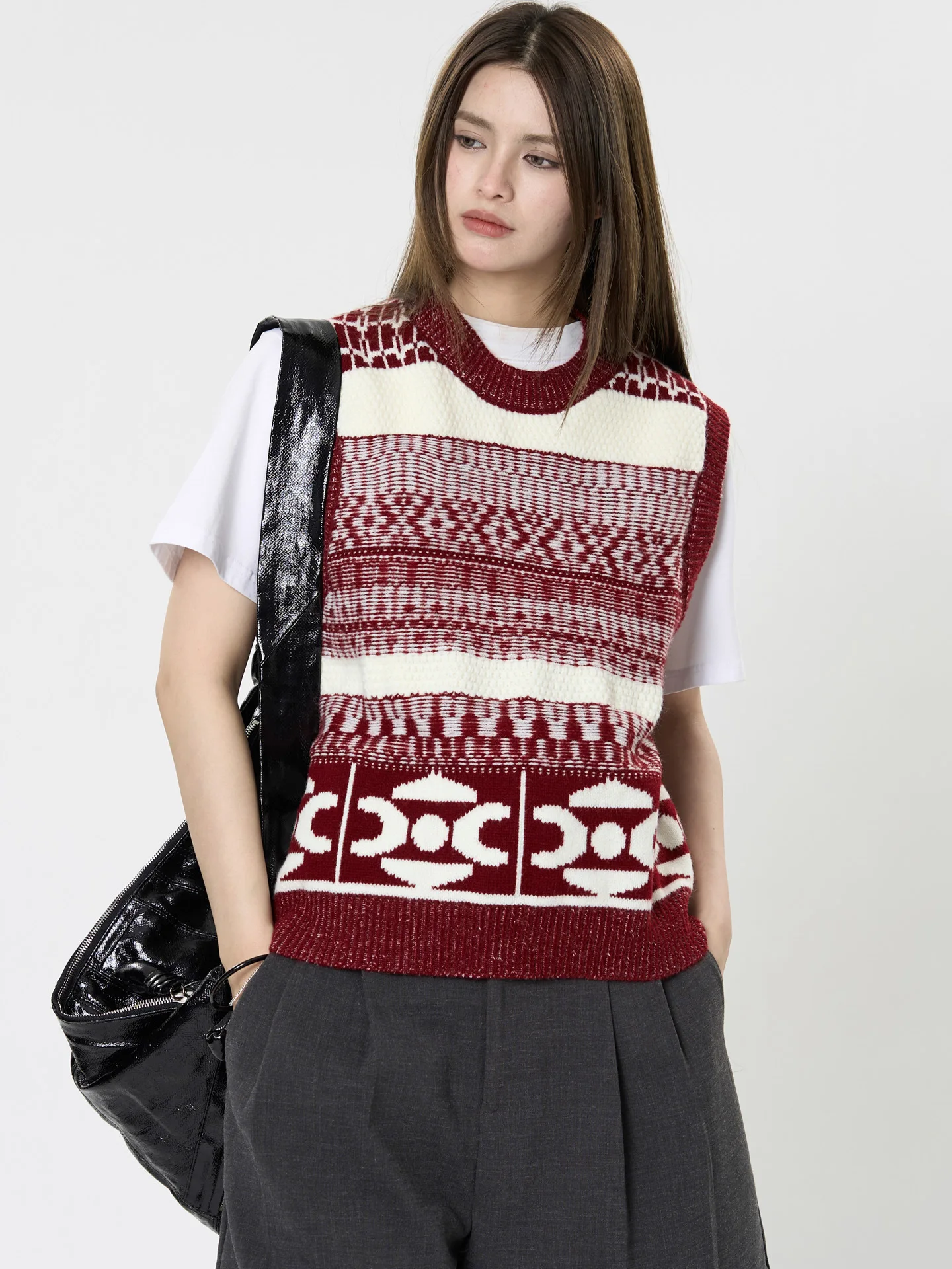 Primavera e outono feminino casual padrão geométrico em torno do pescoço solto colete de malha