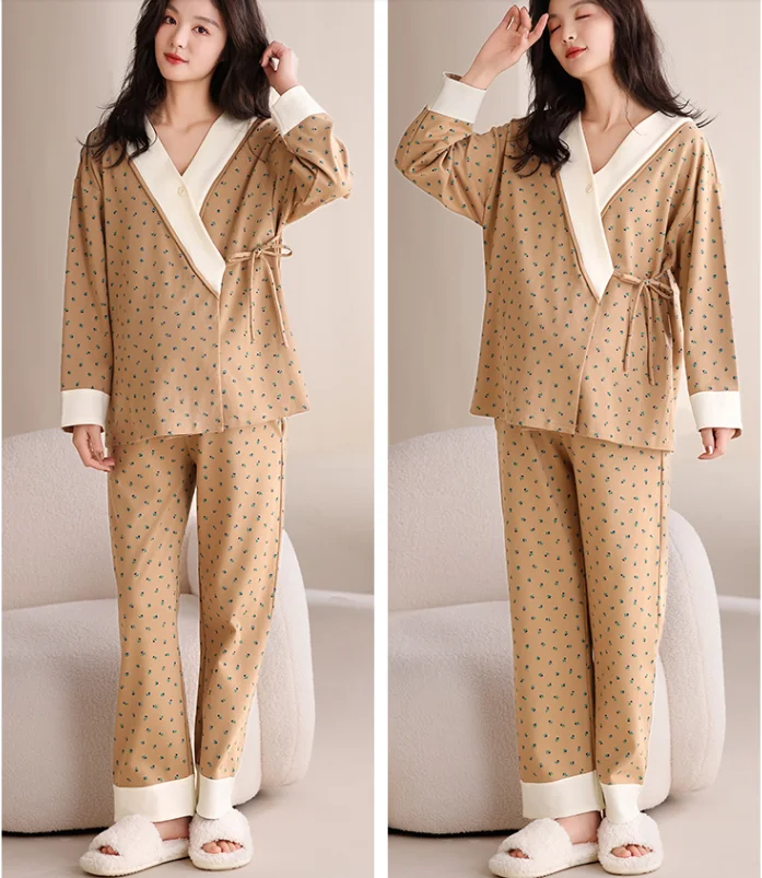 Autumn Postpartum Woman Breastfeeding Pajama Sets Long Sleeve Nursing Top Shirts+Pants 2PCS/SET Maternity Lactation Clothes Set