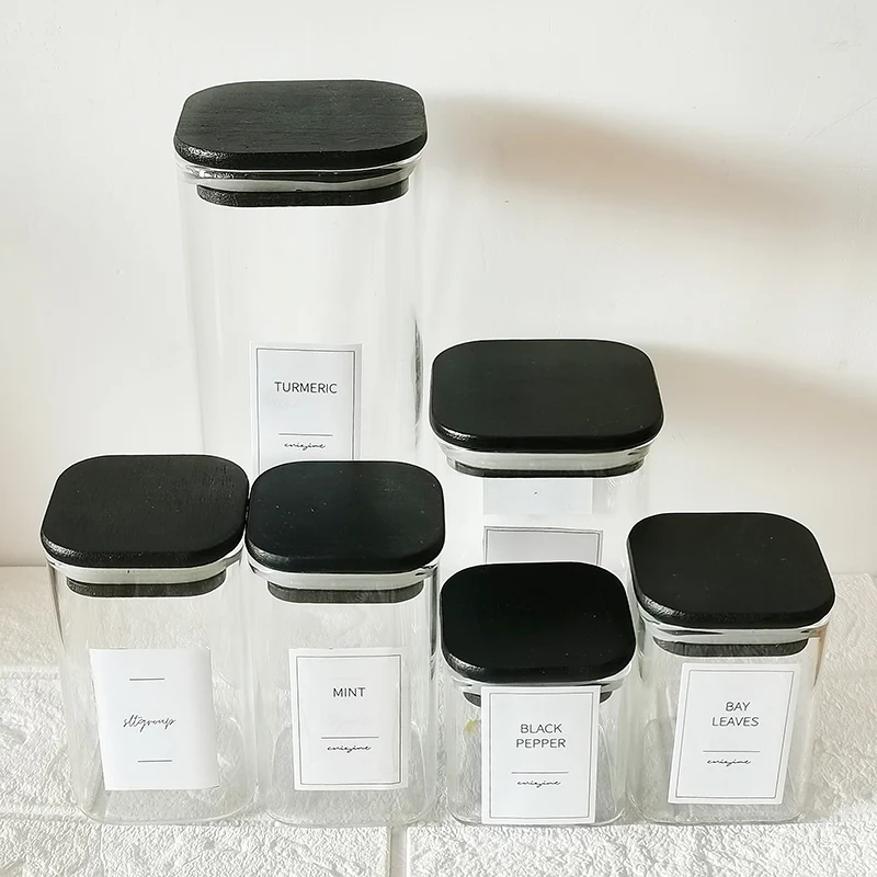 Square Mason Glass Candy Jar For Spices Glass Container Jars with Black Cover Cookie Sealed Bottle Kitchen Organizer Home