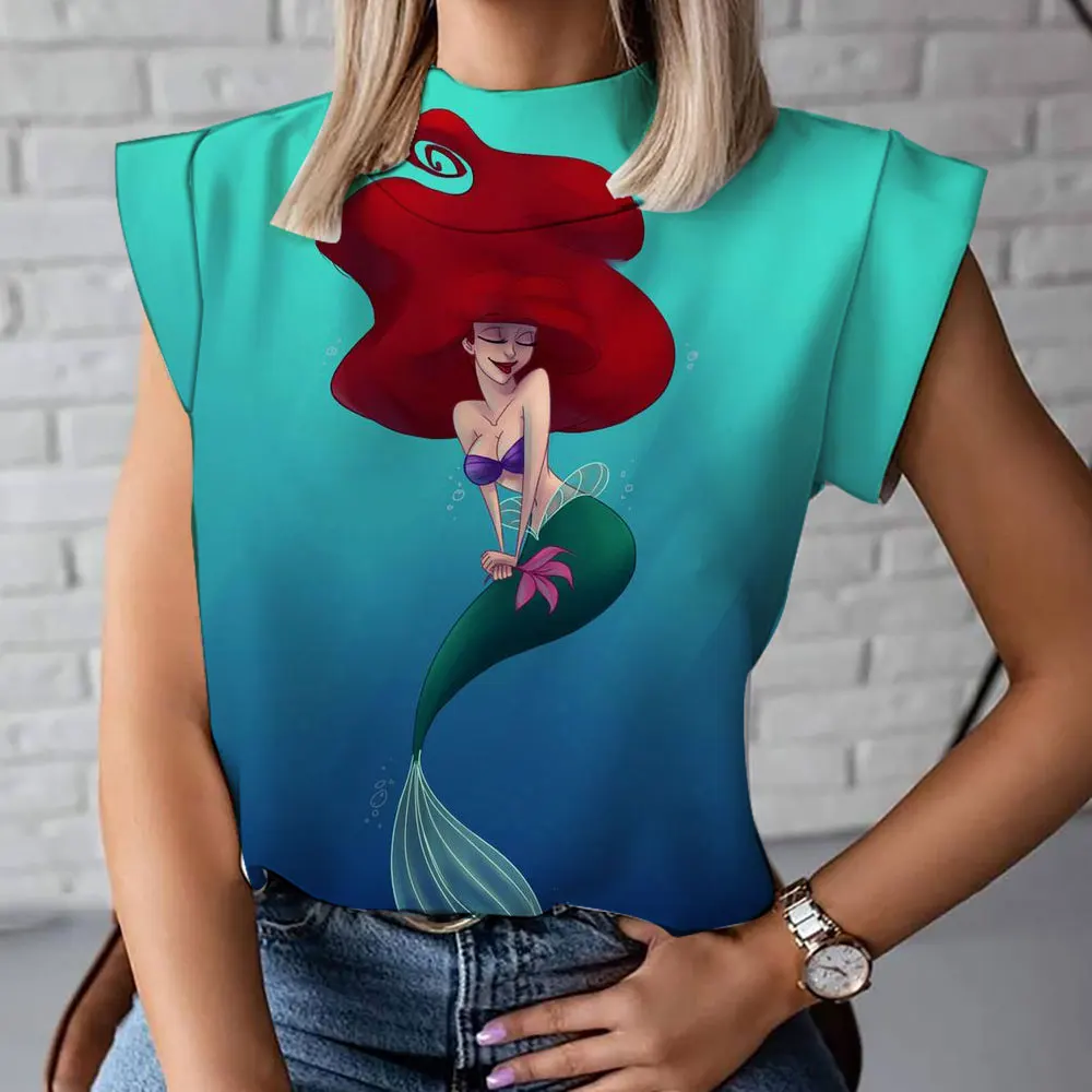 

2023 Summer New Ariel Mermaid Anime Female T-shirt Sleeveless Top Disney Brand Harajuku Print Loose All-match Vest Y2K