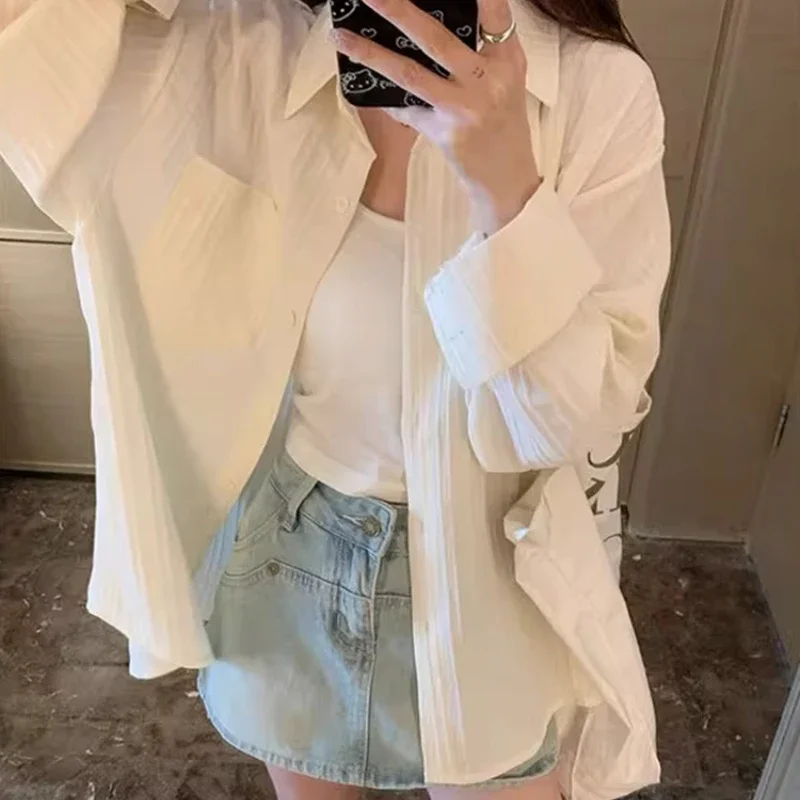 DAYIFUN Women's Long-sleeved Autumn Solid Color Shirts Casual Button Loose Tops Frilly Shirt with Lapel Pocket for Female