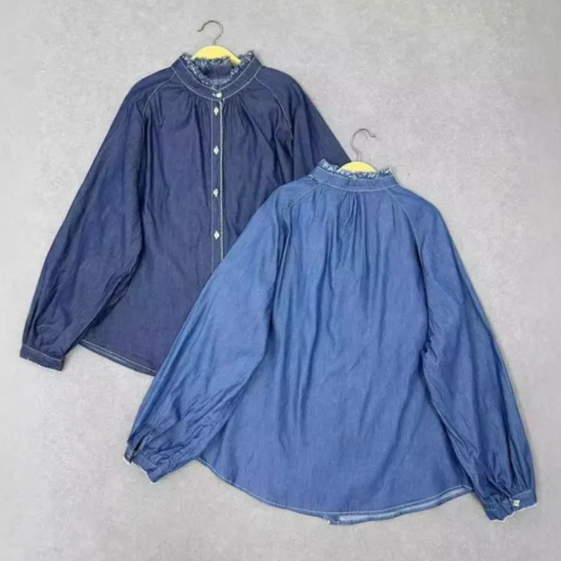 Johnature Fall 2024 New Casual Lace Denim Shirts Ruffles Collar Loose Simple Vintage Denim Thin Shirts