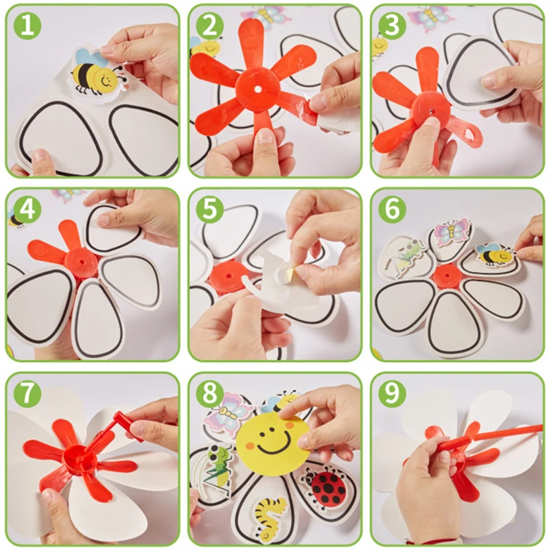 DIY Windmill Toys for Kids Cartoon Insect Decoration Cognição, Jardim de infância Handmade Material Package, Pinwheel Craft, Brinquedos educativos