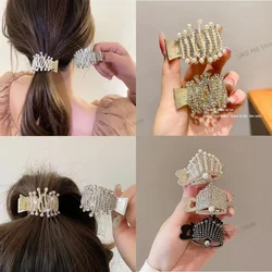 Luxury Rhinestone Pearl Crown Claw Clip Fixed Styling Бигуди Для Волос Hairpin Women Girls High Ponytail Hair Accessories