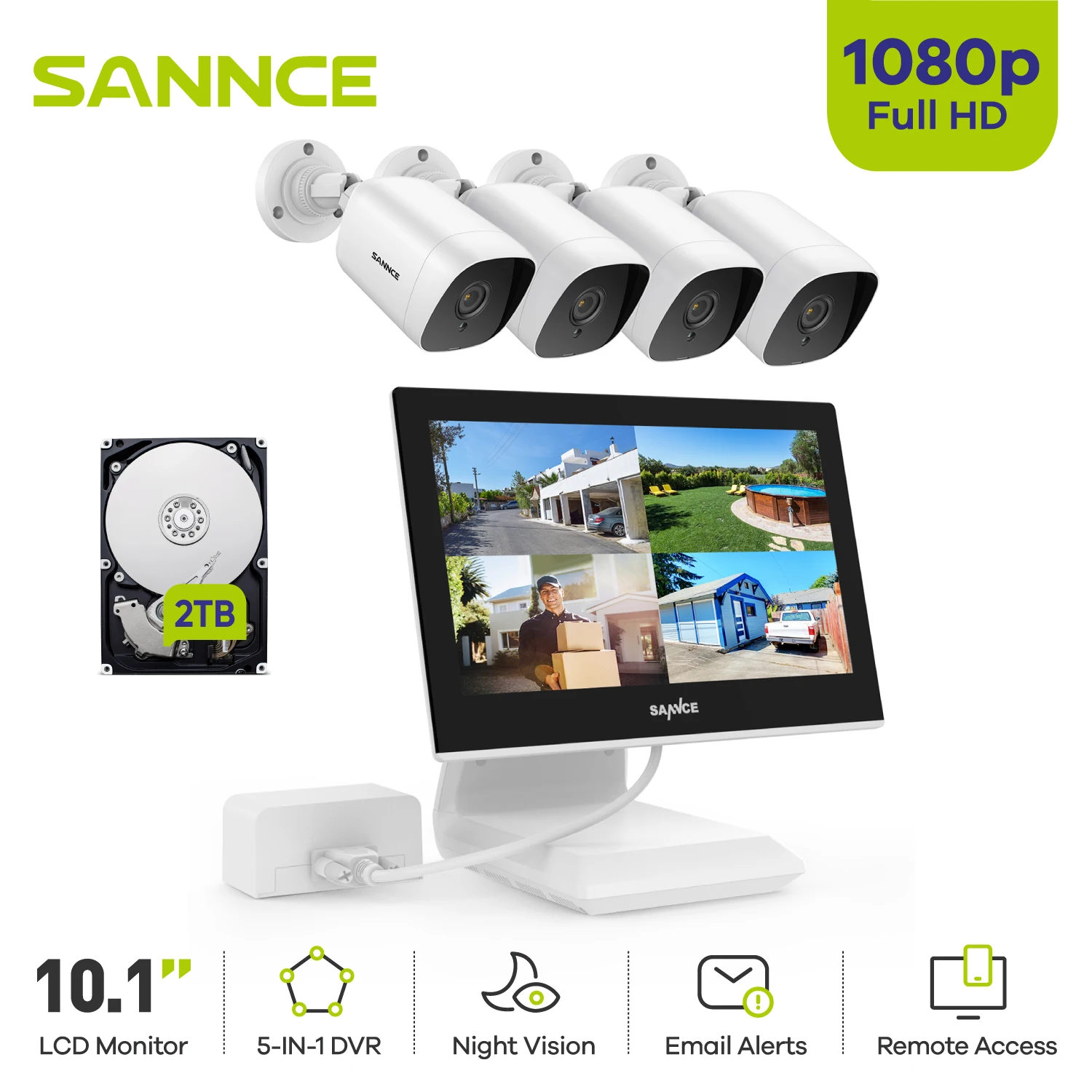 SANNNCE 4CH 비디오 카메라 감시 키트, 10.1 인치 LCD 스마트 1080P 보안 카메라, IR 야간 투시경, 방수 원격 모니터 시스템