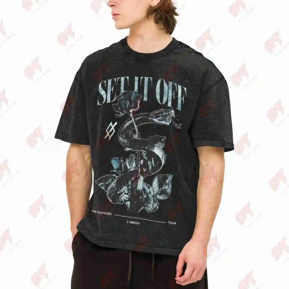Set It Off Deathless Snake Rose Vintage Washed Tee Pure Cotton T-Shirt
