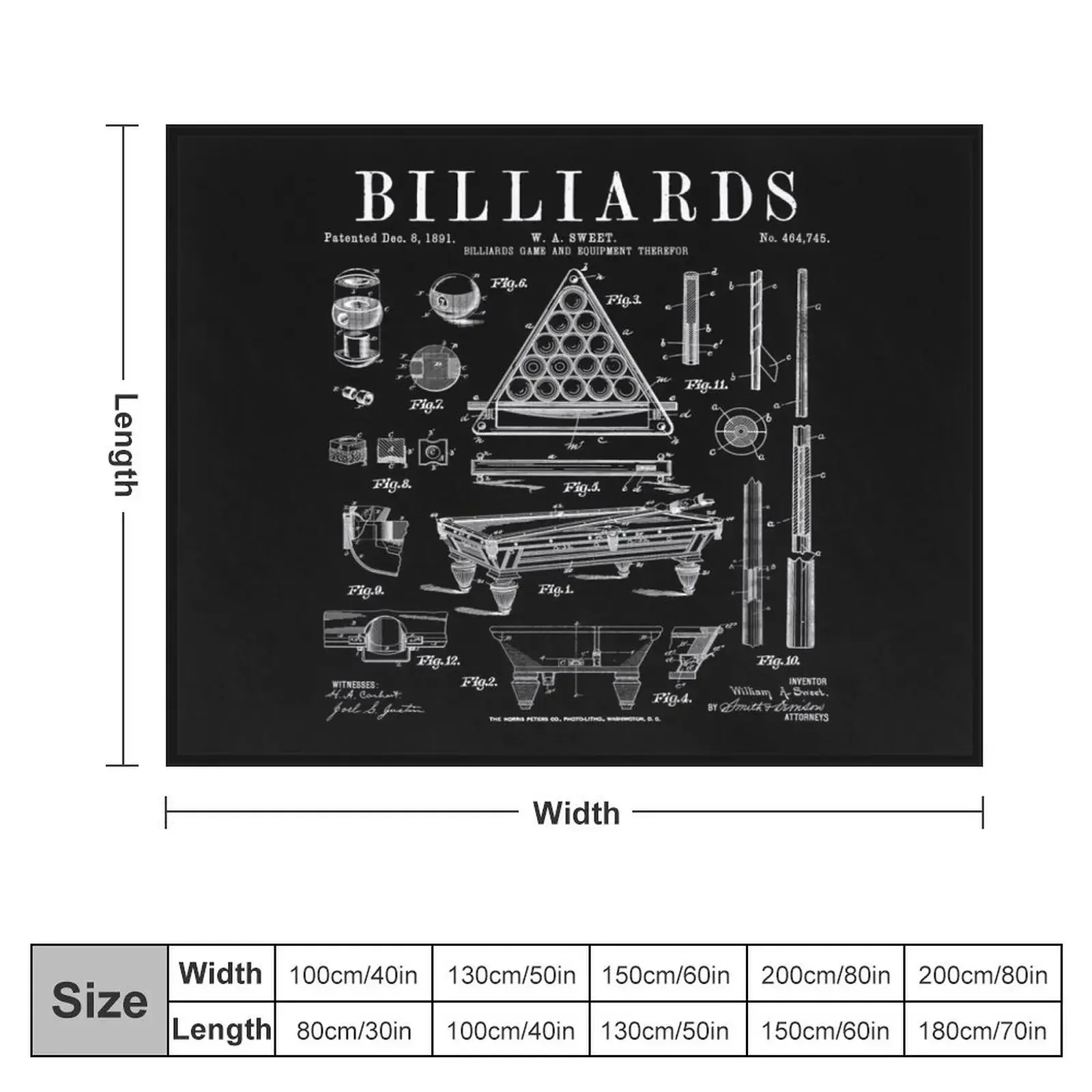 Billiards Table Pool Cue Ball Vintage Patent Drawing Print Throw Blanket Loose heavy to sleep Hairys Kid'S Blankets