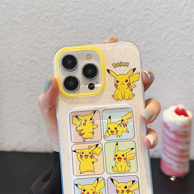 Japan Anime Cute Pokemon Pikachu Wallet Card Bag Bracelete Lanyard Phone Case per iPhone 11 12 13 14 15 Pro Max Anti-caduta Cover
