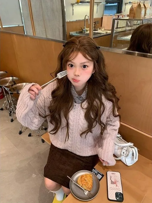 

Sweet Faion Autumn Winter Knitted Sweater irt Two-Piece Set Hollow out Twist Meat Covering Plaid Patterned Slim Fit Sle