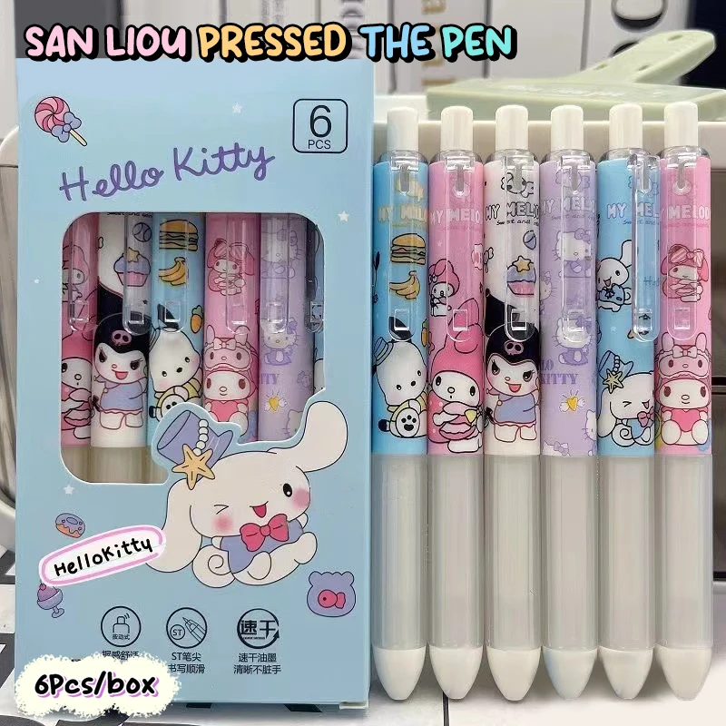 Sanrio-bolígrafos de Gel Kawaii para oficina, bonitos bolígrafos Kuromi Hello Kitty Melody de 0,5mm, prensa de tinta negra, bolígrafo a base de agua, bolígrafo de firma, 6 unids/lote por caja