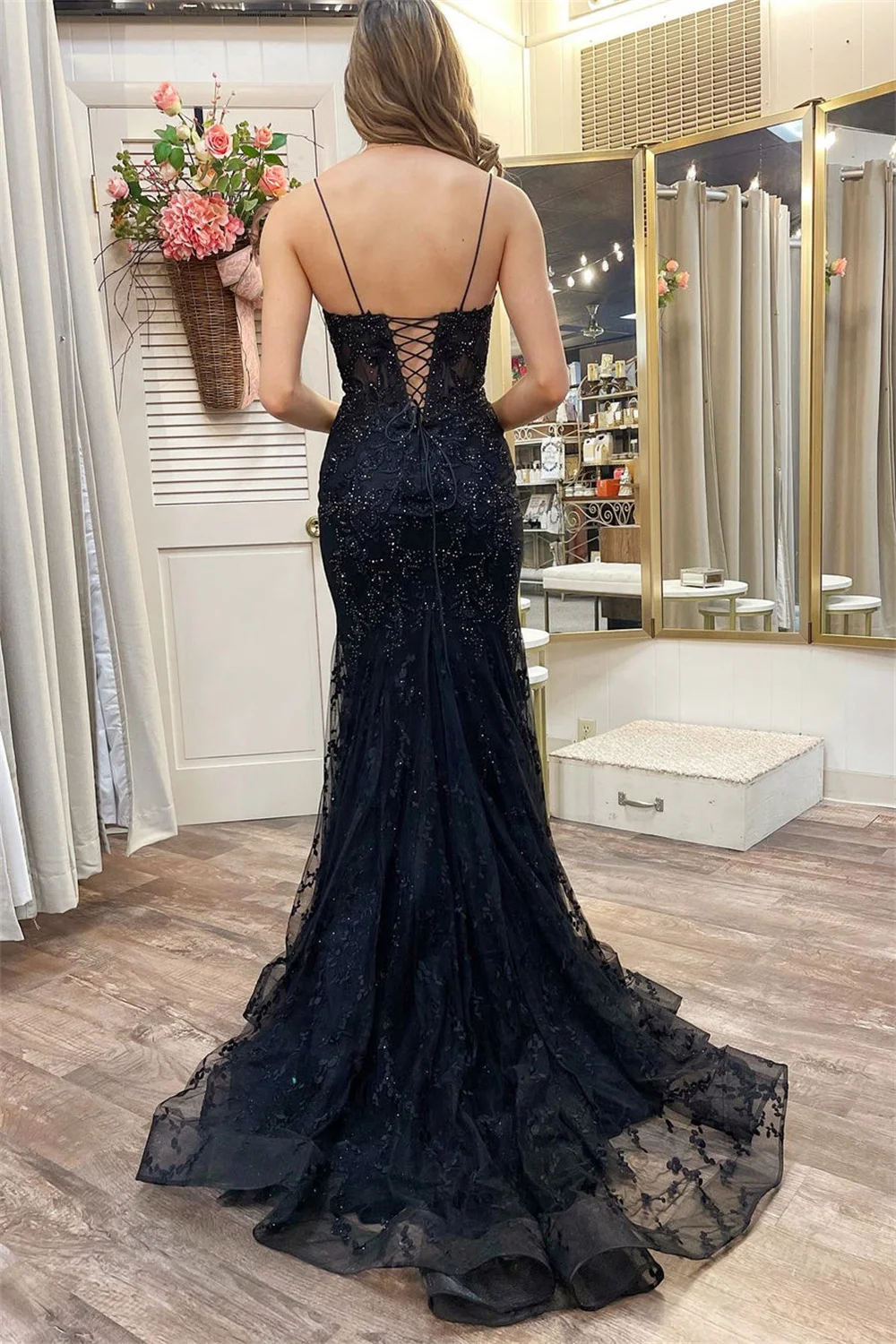 Bella Black Tulle Prom Dresses Spaghetti Strap Mermaid Wedding Dress Elegant Sleeveless Floor-Length Vestidos De Fiesta 2024