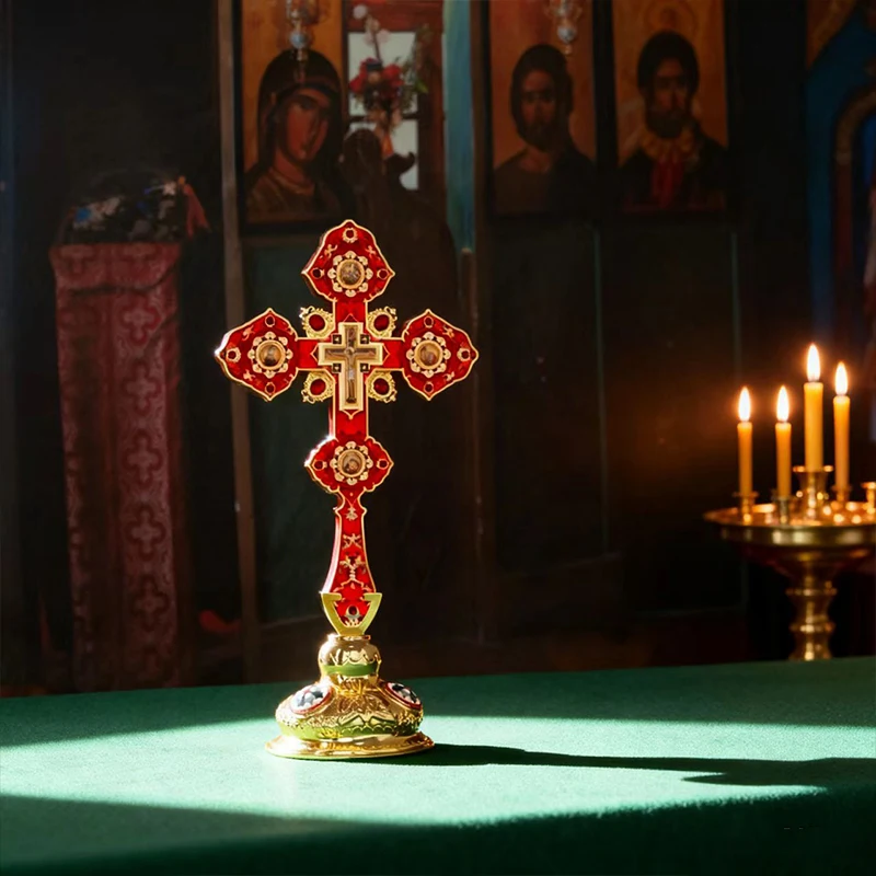 Luxuriöses Orthodoxes Christliches Geschenk: Vergoldetes Grünes Cloisonné-Standkreuz, Kirchenqualität, Altar-Kruzifix für Spirituelle Heimdekoration – Detail 2