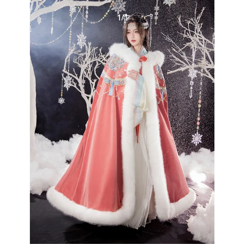 جديد Hanfu Dunhuang على غرار كيب المرأة سميكة الصوف الدفء طويل الصناعة الثقيلة النمط القديم المطرزة الصوف الياقة الرأس