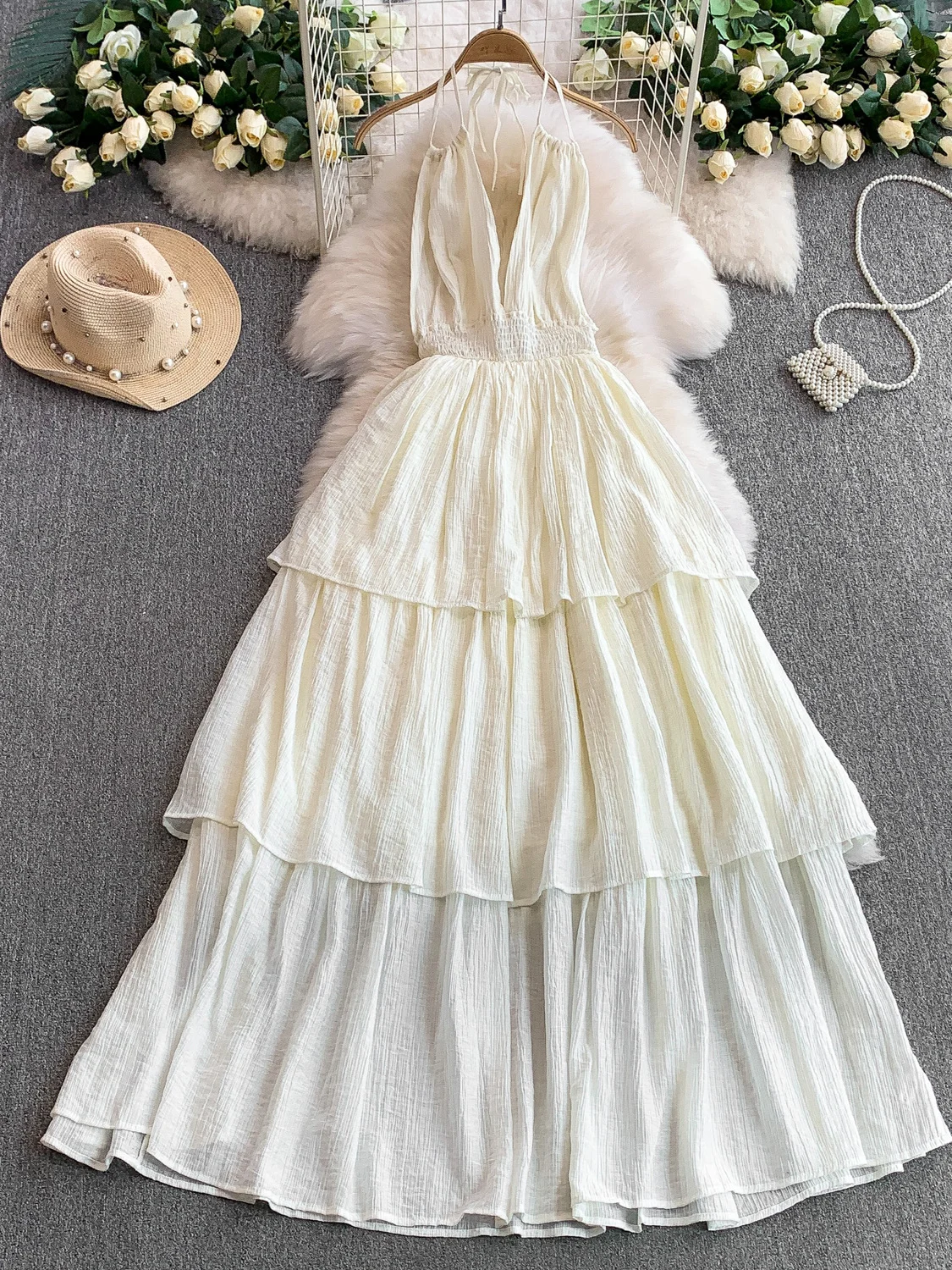 Verano Vaion Sle Sexy V-Ne Bal colgante Ne Dr falda larga de encaje en capas adelgazante con cintura elástica para mujer