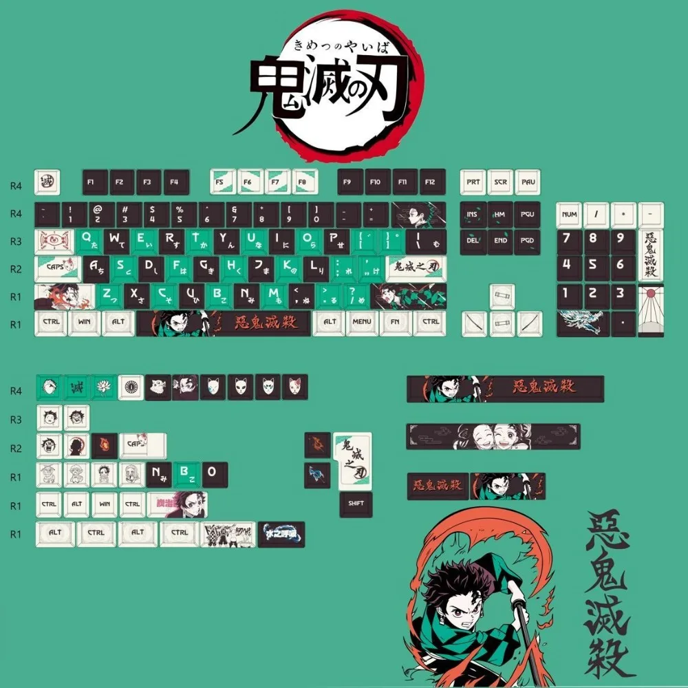 Demon Slayer Keycaps Tanjiro Kamado PBT Dye-Sublimation OEM Profile Mechanical Keyboard Keycaps for 61 68 75 87 104 Keys Gift