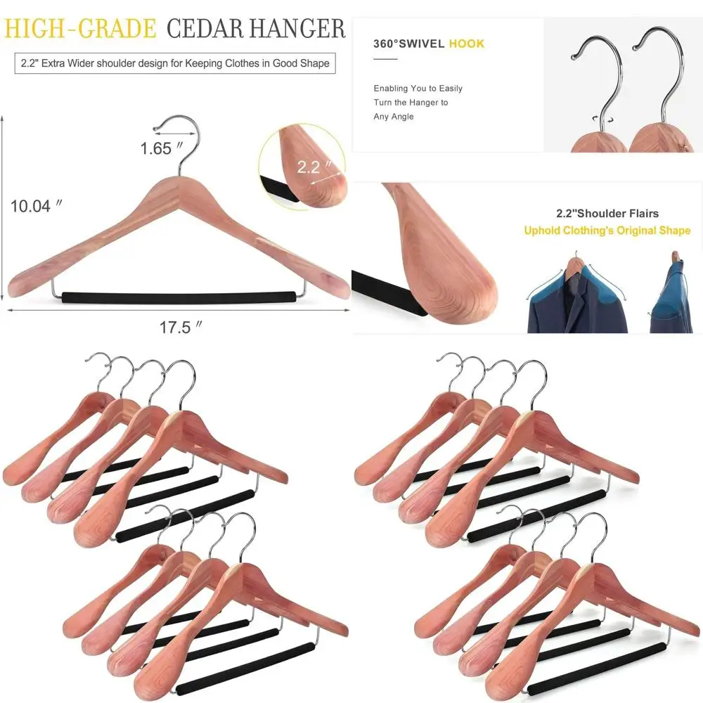 

Wide Shoulder Wooden Hangers 8-Pack, Premium Suit Coat Hangers with Black Padded Bar and 360° Swivel Chrome Hook, Natural