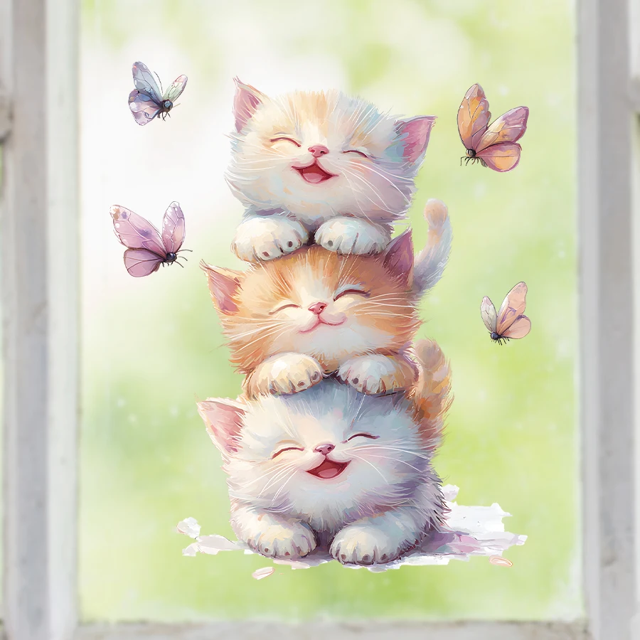 1Pc Watercolor Cartoon Cute Cat on Tree Branch Wall Stickers for Kids Room Decoration Wall Decals Bedroom Decoration Home Decor