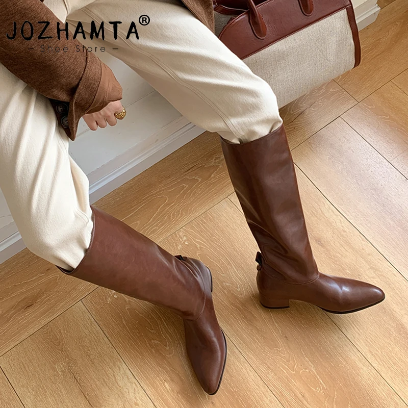 

JOZHAMTA Size 34-40 Women Knee Boots Genuine Leather Wide Calf Long Tall Boots Thick Block Mid Heel Shoes Fall Winter 2024 Dress