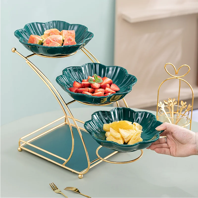 European-style Multi-layer Ceramic Fruit Plate Metal Frame Living Room Home Coffee Table Fruit Plate Snack Plate Candy Plate