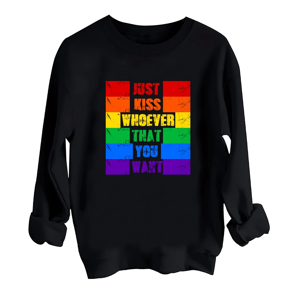 

LGBT Pride Month Just Kiss Whoever That You Want Retro Sweatshirt Harajuku Round Neck Long Sleeve Oversized Hoodie