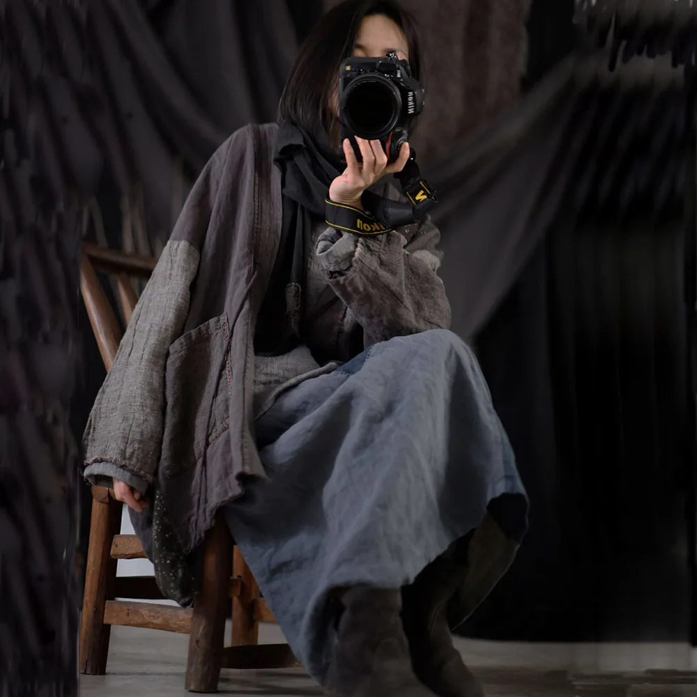 

Autumn Women Linen Trench Coat Retro Personality Casual Hanfu Kimono Cardigan Patchwork Loose Irregular Damaged Edge Overcoat