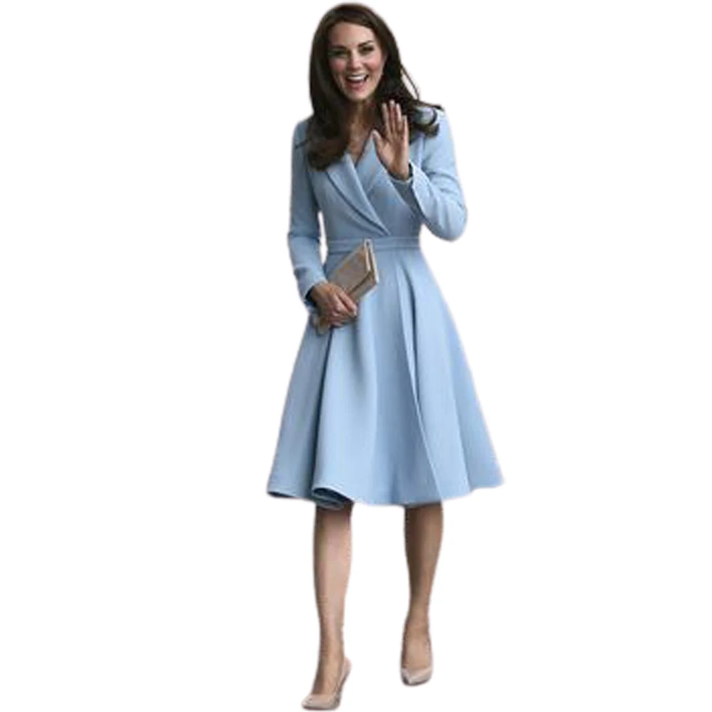 Customized Charming Powder Blue Skater Mother Of the Bride Dress with Cinched Waist Daytime Event Outfit Long Sleeves Notch