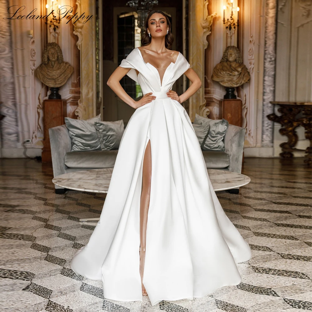 Lceland Poppy Customized Sexy A Line V Neck Satin Wedding Dresses High Slit Bridal Gowns with Chapel Train
